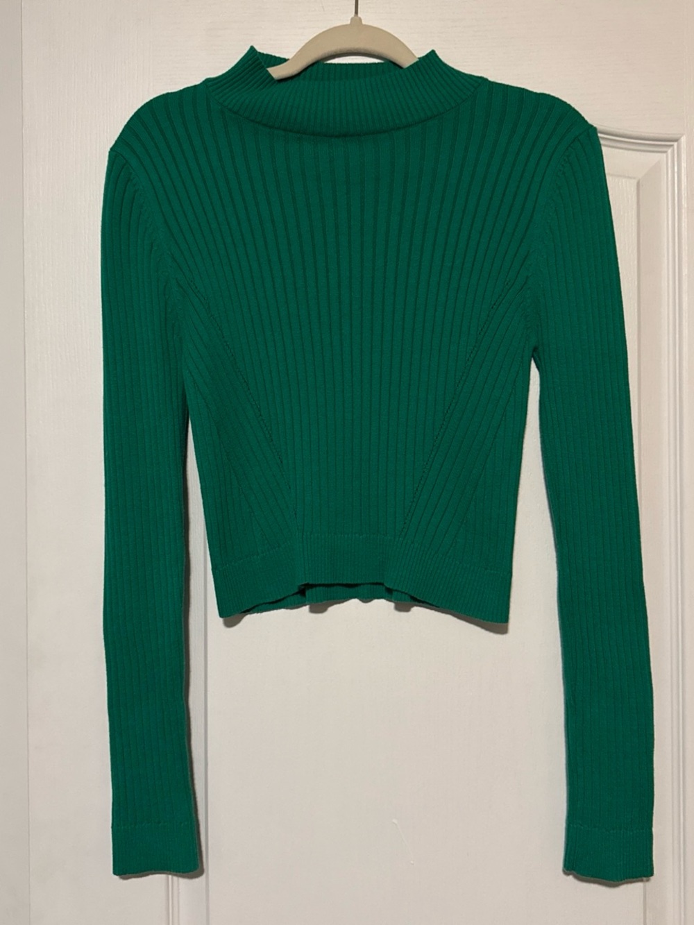 Fitted Green Ribbed Mock Neck Sweater Knit Long Sleeve Top